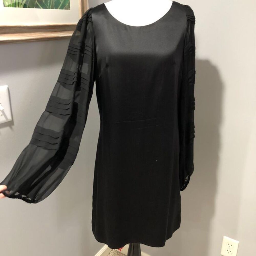 NWT ABS Allen Schwartz Black 100% Silk Lined Long Sheer Sleeve Sheath Dress 8
